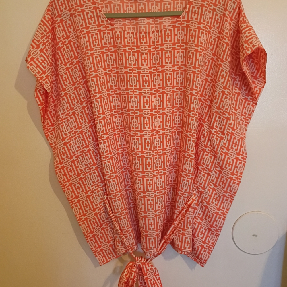 New York & Company Orange Geometric Kaftan Belted Blouse Sz M